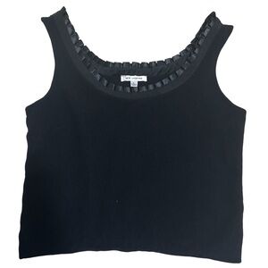 St. John Black Knit Tank Top with Satin Ruffle Detail Size L